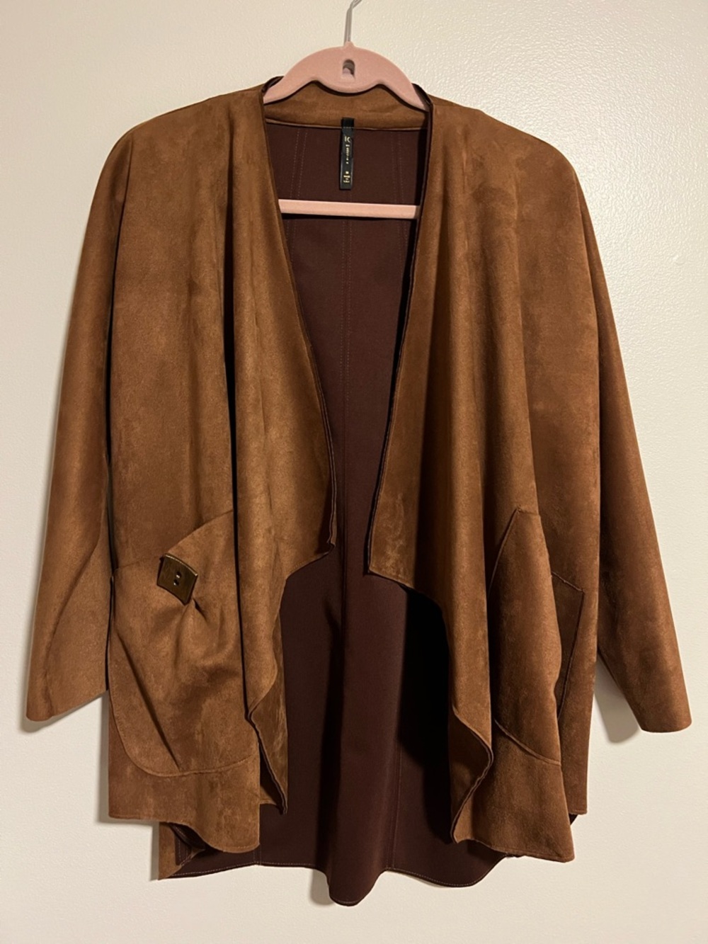 IC by Connie K, Brown Draped Open-Front Suede-Look Jacket